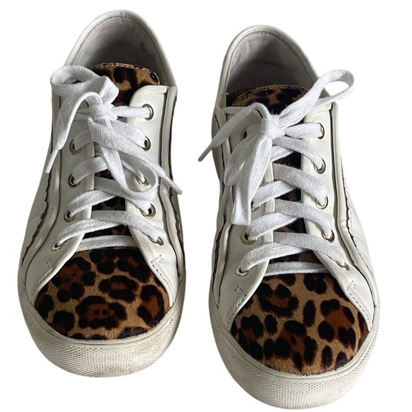 Ann Taylor White Leather Leopard Print Haircalf Fashion Sneaker Women's Sz 8.5 - Picture 2 of 8